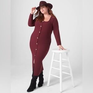 Lane Bryant Burgundy Ribbed Button-Front Long Sleeve Midi Dress